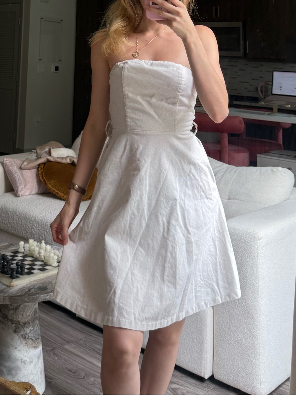 Euro Summer Strapless Linen Blend Mini Dress Cream XS